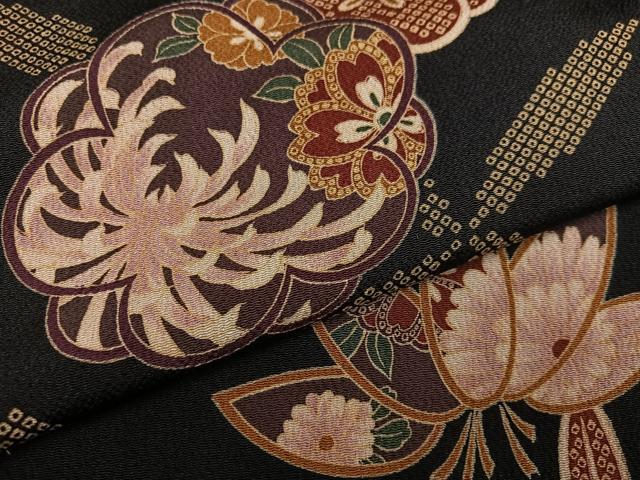平和屋着物●上質な小紋 松竹梅草花文 黒地 鬼しぼ縮緬 正絹 逸品 AABF6940ph