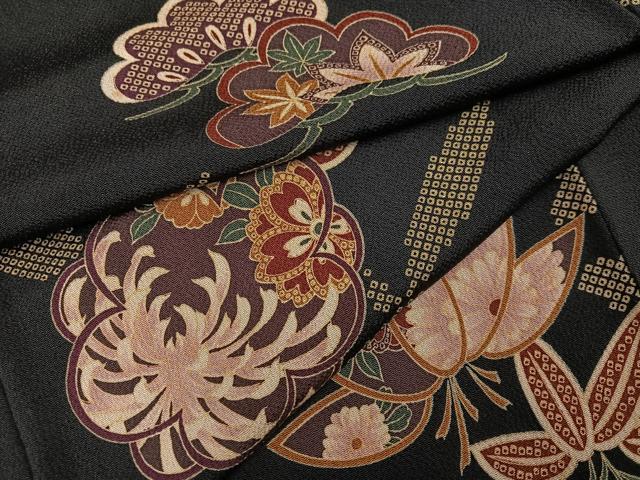 平和屋着物●上質な小紋 松竹梅草花文 黒地 鬼しぼ縮緬 正絹 逸品 AABF6940ph