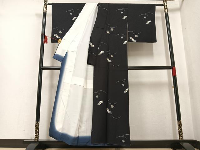 平和屋着物●上質な小紋 雪輪群れ鶴花文 黒地 正絹 逸品 AABF6944ph