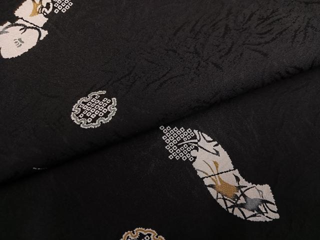 平和屋着物●上質な小紋 雪輪群れ鶴花文 黒地 正絹 逸品 AABF6944ph