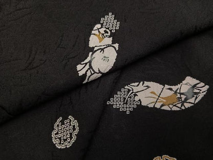 平和屋着物●上質な小紋 雪輪群れ鶴花文 黒地 正絹 逸品 AABF6944ph