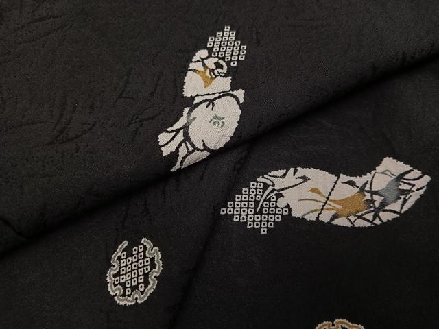 平和屋着物●上質な小紋 雪輪群れ鶴花文 黒地 正絹 逸品 AABF6944ph