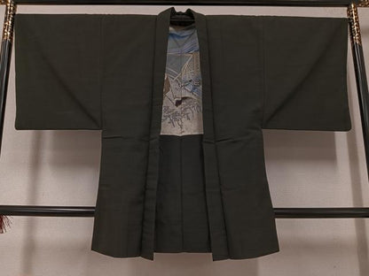 平和屋着物●男性 紬 アンサンブル 色無地 黒緑色 正絹 逸品 AABF6949ph