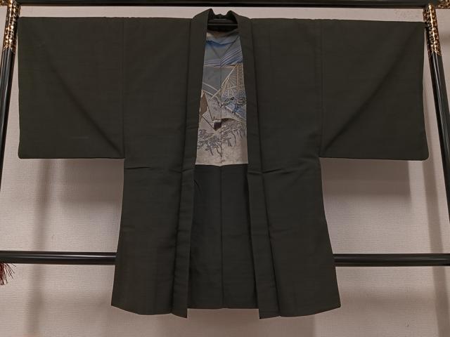 平和屋着物●男性 紬 アンサンブル 色無地 黒緑色 正絹 逸品 AABF6949ph