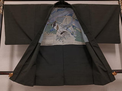 平和屋着物●男性 紬 アンサンブル 色無地 黒緑色 正絹 逸品 AABF6949ph