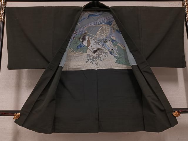 平和屋着物●男性 紬 アンサンブル 色無地 黒緑色 正絹 逸品 AABF6949ph
