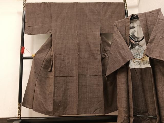 平和屋着物●男性 紬 アンサンブル 色無地 涅色 正絹 逸品 AABF6950ph