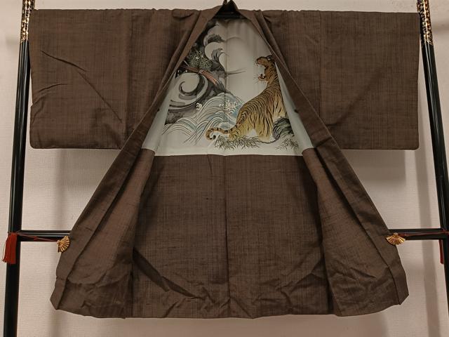 平和屋着物●男性 紬 アンサンブル 色無地 涅色 正絹 逸品 AABF6950ph