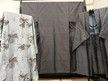 平和屋着物●男性 紬 アンサンブル 長襦袢(袷)セット 正絹 逸品 AABF6951ph
