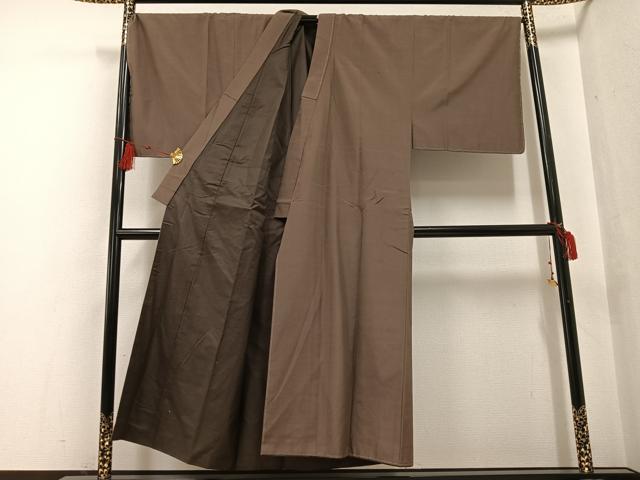 平和屋着物●男性　紬　アンサンブル　玉古代　色無地　樺茶色　反端付き　正絹　逸品　未使用　AABF6957ph