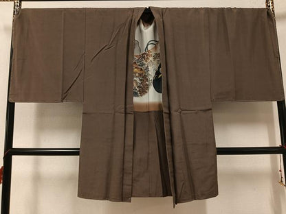 平和屋着物●男性　紬　アンサンブル　玉古代　色無地　樺茶色　反端付き　正絹　逸品　未使用　AABF6957ph