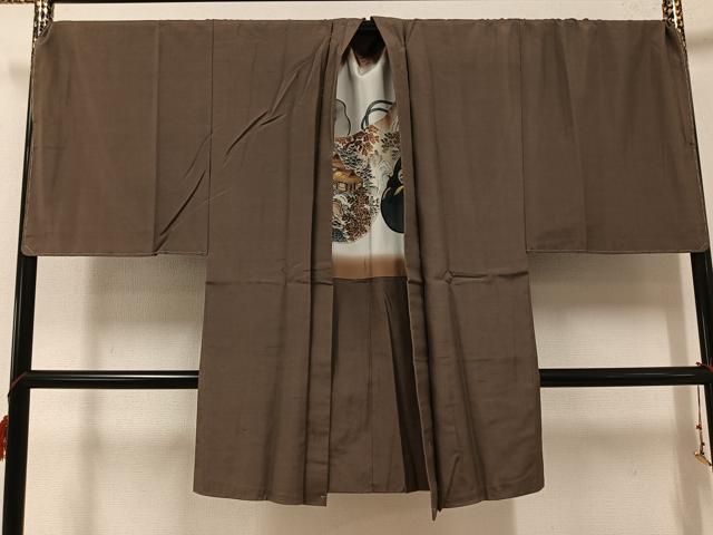 平和屋着物●男性　紬　アンサンブル　玉古代　色無地　樺茶色　反端付き　正絹　逸品　未使用　AABF6957ph
