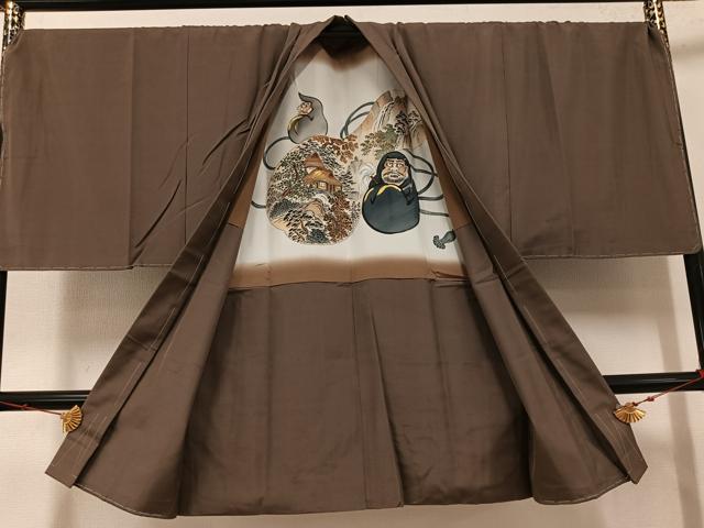 平和屋着物●男性　紬　アンサンブル　玉古代　色無地　樺茶色　反端付き　正絹　逸品　未使用　AABF6957ph