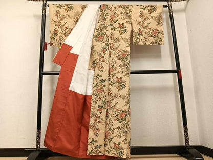 平和屋着物●上質な小紋 紬地 手描き 花鳥文 正絹 逸品 未使用 AABF6961ph