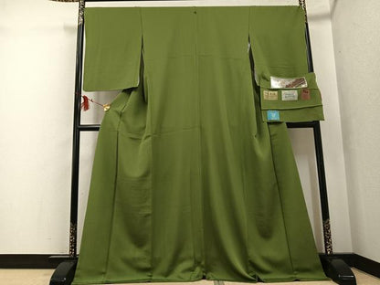 平和屋着物●上質な色無地 堅牢草木染 国防色 丹後ちりめん 反端付き ロング丈 正絹 逸品 AABF6962ph