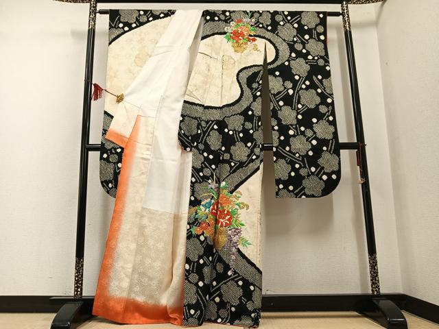 平和屋着物●豪華振袖・長襦袢(無双仕立て)セット 駒刺繍 絞り 飾花文 金彩 正絹 逸品 AABF6963ph