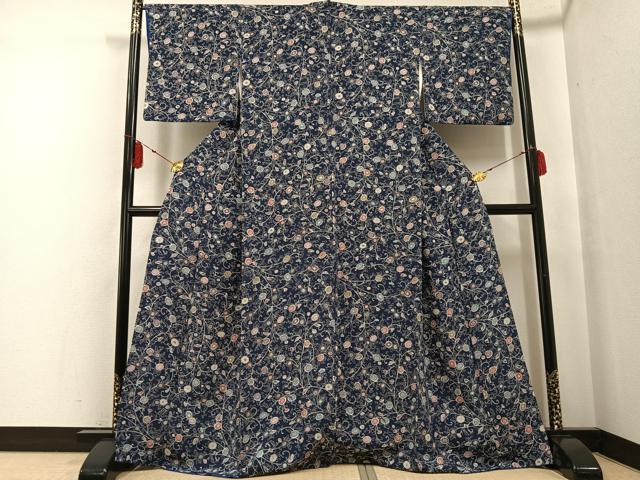 平和屋着物●上質な小紋 花唐草文 鬼しぼ縮緬 正絹 逸品 AABF6972ph