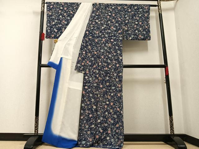 平和屋着物●上質な小紋 花唐草文 鬼しぼ縮緬 正絹 逸品 AABF6972ph