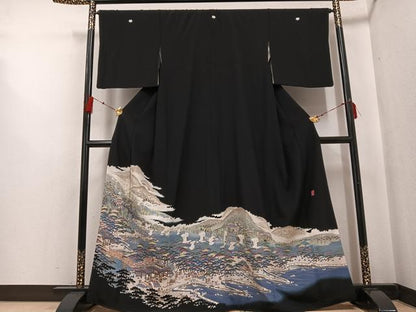平和屋着物●本加賀友禅作家 村田理栄 黒留袖 群れ鶴風景浜松文 正絹 逸品 AABF6989ph