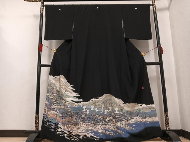 平和屋着物●本加賀友禅作家 村田理栄 黒留袖 群れ鶴風景浜松文 正絹 逸品 AABF6989ph