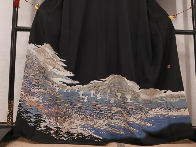 平和屋着物●本加賀友禅作家 村田理栄 黒留袖 群れ鶴風景浜松文 正絹 逸品 AABF6989ph