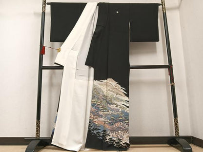 平和屋着物●本加賀友禅作家 村田理栄 黒留袖 群れ鶴風景浜松文 正絹 逸品 AABF6989ph