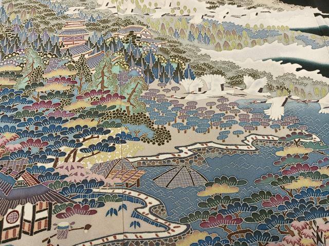 平和屋着物●本加賀友禅作家 村田理栄 黒留袖 群れ鶴風景浜松文 正絹 逸品 AABF6989ph