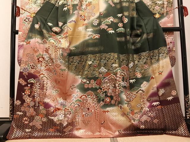 平和屋着物●豪華振袖 草花宝尽くし 暈し染め 金彩 ロング丈 正絹 逸品 AABF6993ph