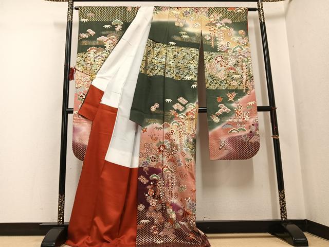 平和屋着物●豪華振袖 草花宝尽くし 暈し染め 金彩 ロング丈 正絹 逸品 AABF6993ph
