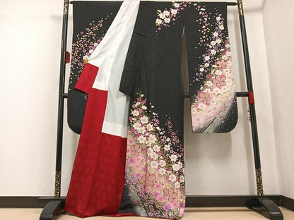 平和屋着物●豪華振袖 舞花文 黒地 金彩 銀通し地 正絹 逸品 AABF6995ph