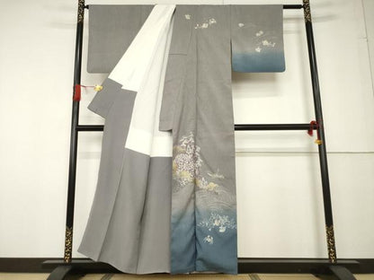 平和屋着物●訪問着 お召地 流水風景文 ろうけつ染め 暈し染め 金彩 正絹 逸品 AABF7003ck
