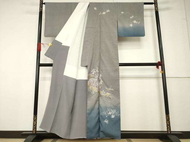 平和屋着物●訪問着 お召地 流水風景文 ろうけつ染め 暈し染め 金彩 正絹 逸品 AABF7003ck
