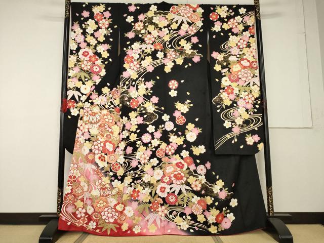 平和屋着物●豪華振袖 花毬文 黒地 金彩 正絹 逸品 AABF7006ck