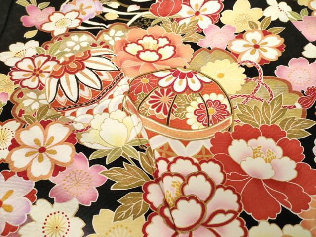 平和屋着物●豪華振袖 花毬文 黒地 金彩 正絹 逸品 AABF7006ck