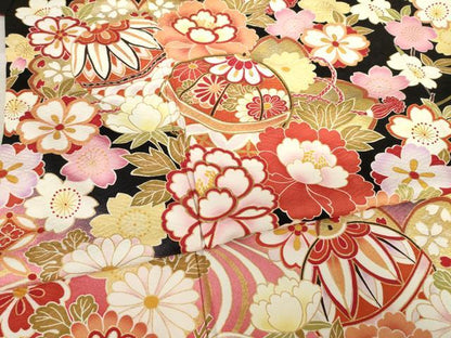 平和屋着物●豪華振袖 花毬文 黒地 金彩 正絹 逸品 AABF7006ck