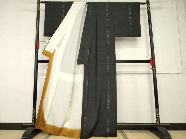平和屋着物●上質な紬 絞り 立涌文 黒地 正絹 逸品 AABF7009ck