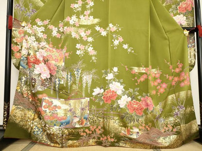 平和屋着物●豪華振袖・長襦袢(無双仕立て)セット　刺繍　鴛鴦花車文　金彩　反端付き　正絹　逸品　AABF7020ck
