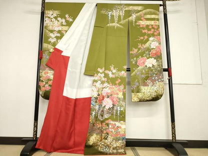 平和屋着物●豪華振袖・長襦袢(無双仕立て)セット　刺繍　鴛鴦花車文　金彩　反端付き　正絹　逸品　AABF7020ck