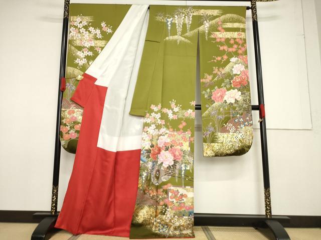 平和屋着物●豪華振袖・長襦袢(無双仕立て)セット　刺繍　鴛鴦花車文　金彩　反端付き　正絹　逸品　AABF7020ck