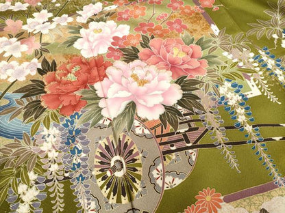 平和屋着物●豪華振袖・長襦袢(無双仕立て)セット　刺繍　鴛鴦花車文　金彩　反端付き　正絹　逸品　AABF7020ck