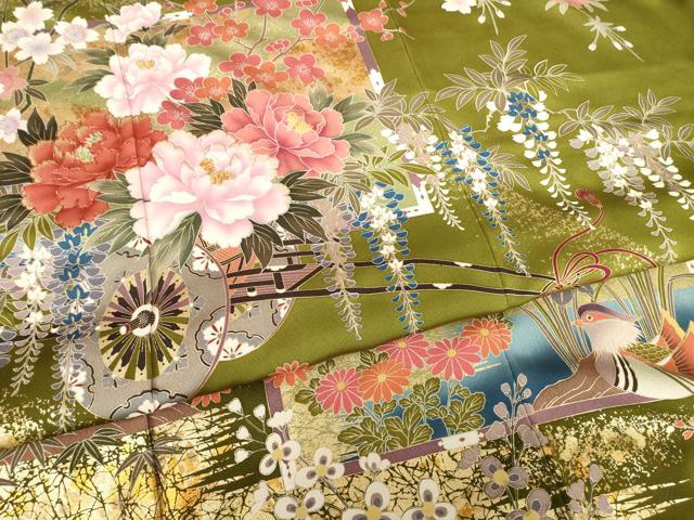 平和屋着物●豪華振袖・長襦袢(無双仕立て)セット　刺繍　鴛鴦花車文　金彩　反端付き　正絹　逸品　AABF7020ck
