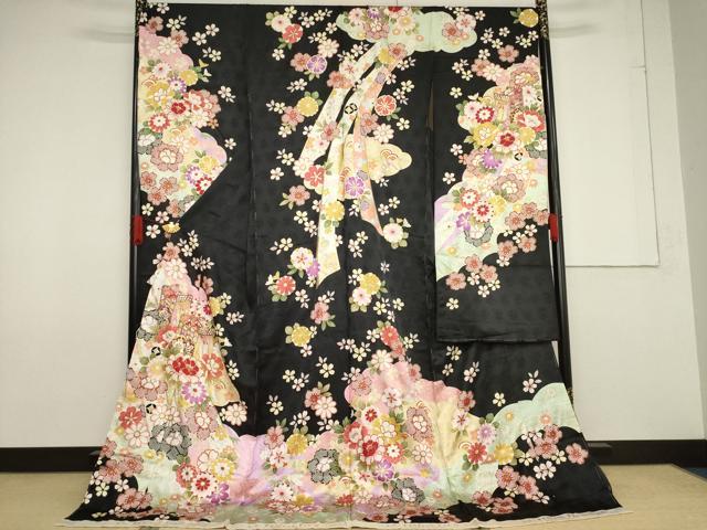 平和屋着物●豪華振袖 御所車花文 黒地 丹後ちりめん 仮絵羽 逸品 未使用 AABF7022ck