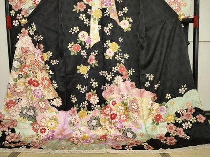 平和屋着物●豪華振袖 御所車花文 黒地 丹後ちりめん 仮絵羽 逸品 未使用 AABF7022ck