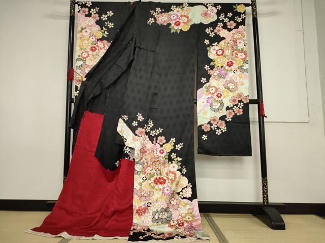 平和屋着物●豪華振袖 御所車花文 黒地 丹後ちりめん 仮絵羽 逸品 未使用 AABF7022ck