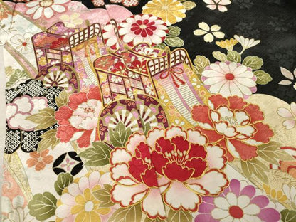 平和屋着物●豪華振袖 御所車花文 黒地 丹後ちりめん 仮絵羽 逸品 未使用 AABF7022ck
