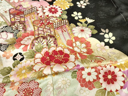 平和屋着物●豪華振袖 御所車花文 黒地 丹後ちりめん 仮絵羽 逸品 未使用 AABF7022ck
