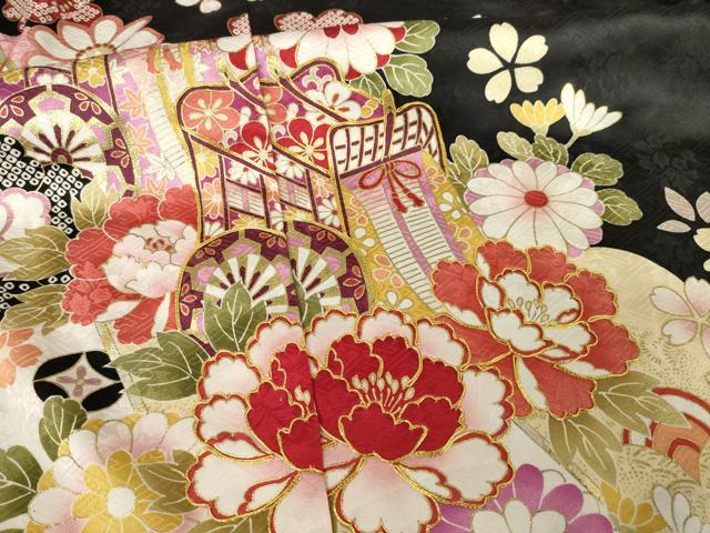 平和屋着物●豪華振袖 御所車花文 黒地 丹後ちりめん 仮絵羽 逸品 未使用 AABF7022ck