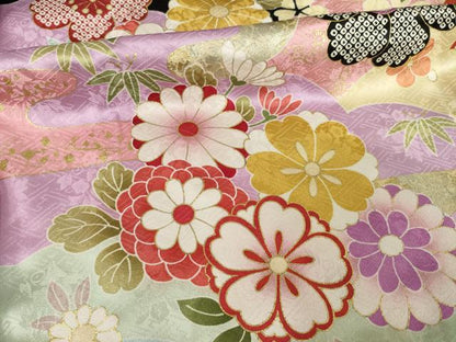 平和屋着物●豪華振袖 御所車花文 黒地 丹後ちりめん 仮絵羽 逸品 未使用 AABF7022ck