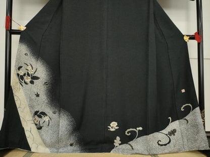 平和屋着物●訪問着 作家物 一太 竹屋町刺繍 花丸文 たたき染め 黒地 金彩 正絹 逸品 AABF7024ck