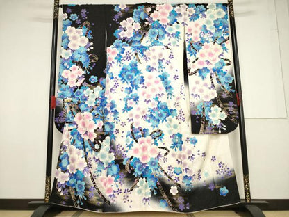平和屋着物●豪華振袖 刺繍 花束文 金彩 銀通し地 正絹 逸品 AABF7025ck